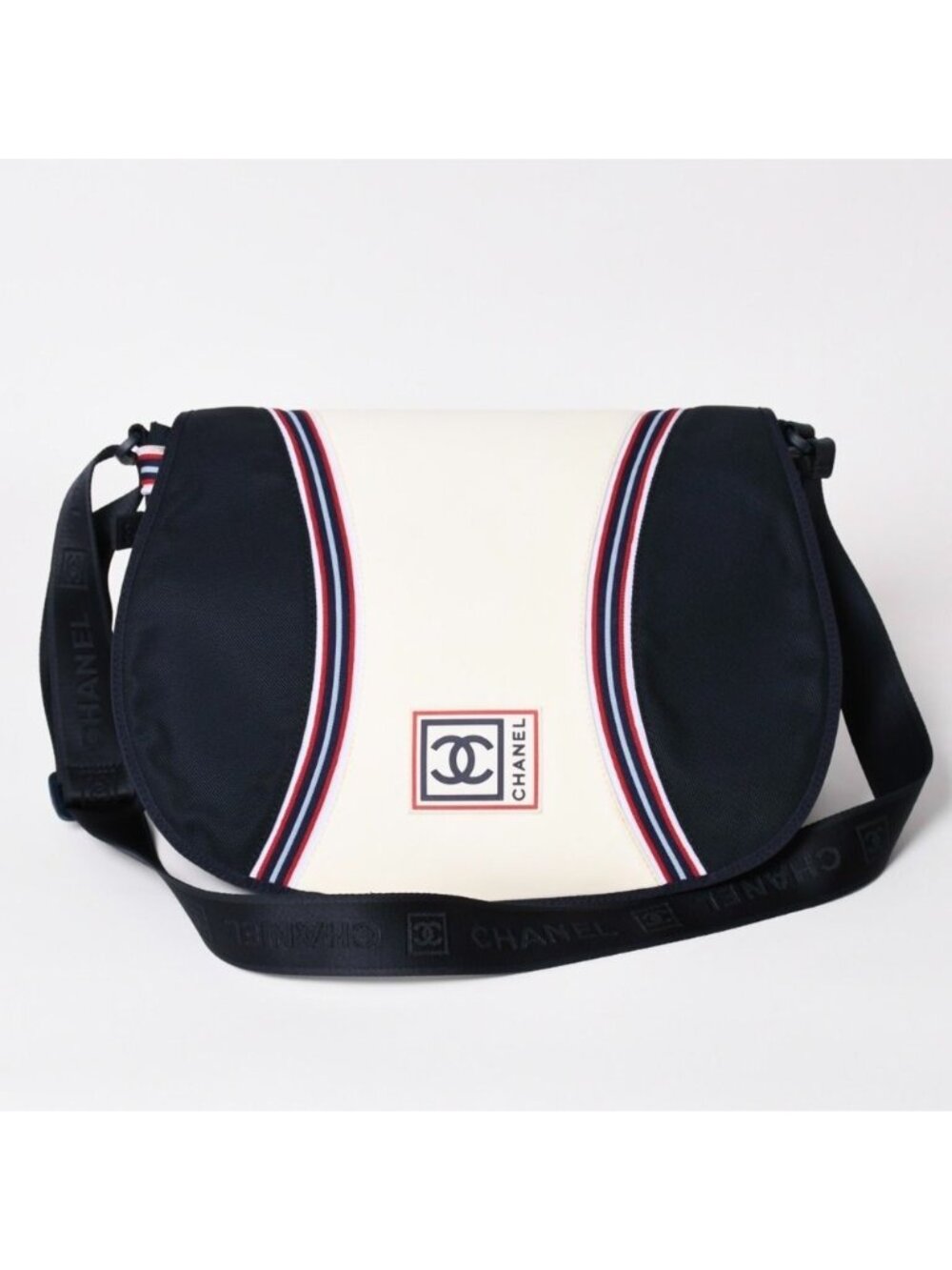 Chanel Sports Line Shoulder Bag CC Logo Navy Ivory Silver
